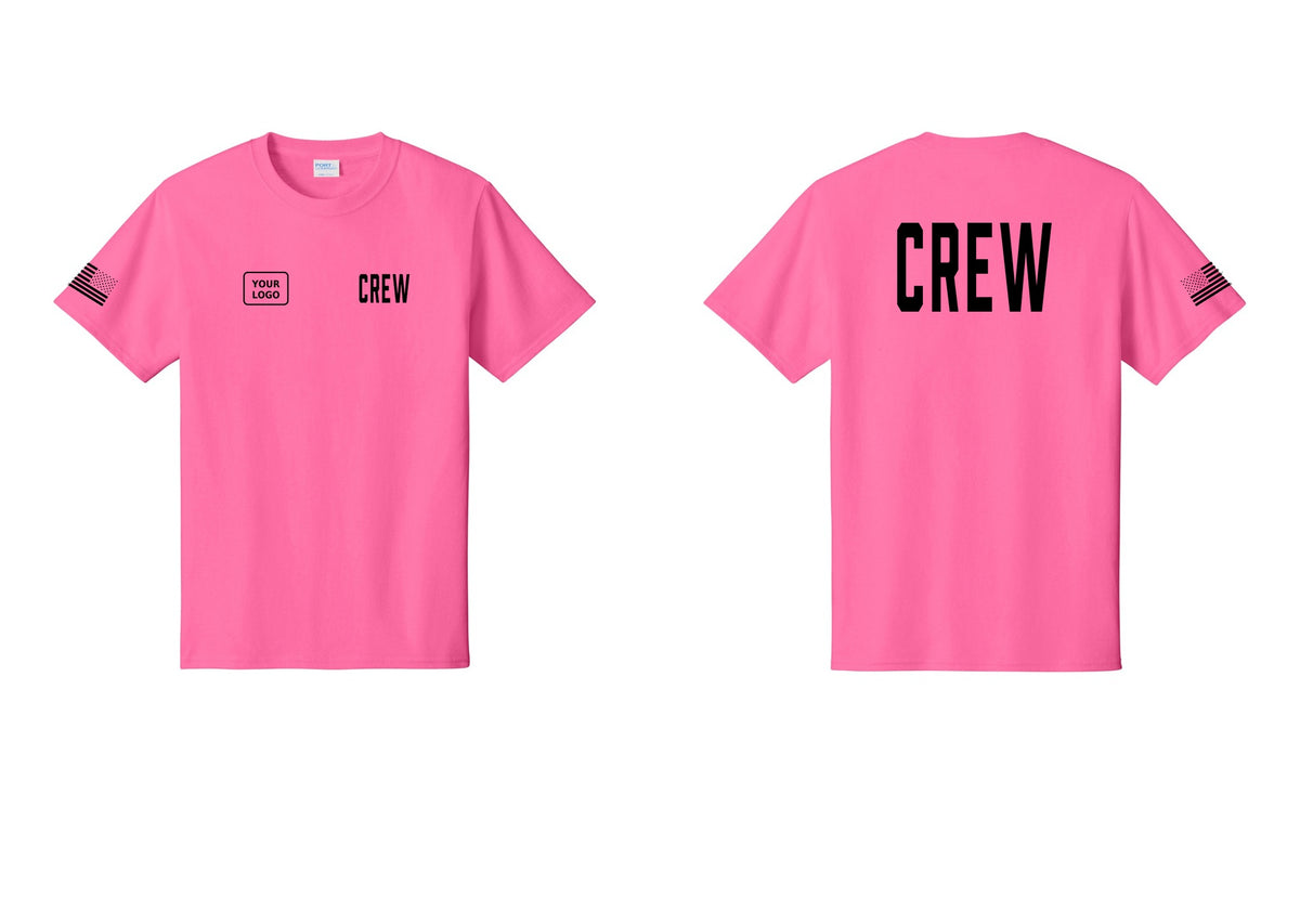 NYC Factory Custom Work Crew Uniform Tee with Your Logo (Classic) - CREW + Your Logo + Back + US Flag Sleeve - Neon Pink