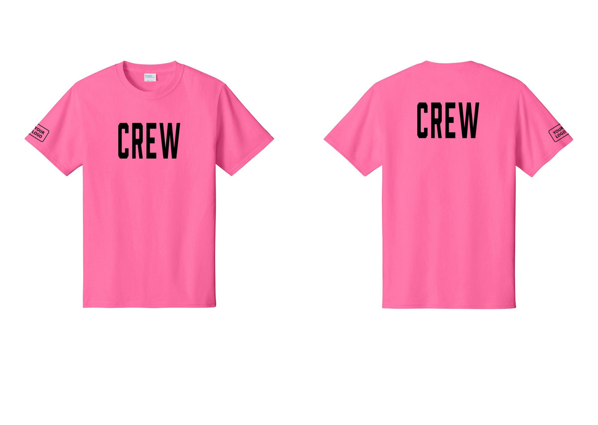 NYC Factory Custom Logo Crew T-Shirt, Condensed Lettering - Front + Back + Your Logo Sleeve - Neon Pink