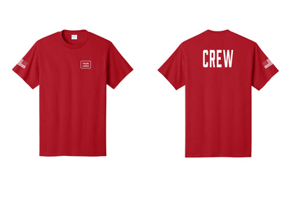 NYC Factory Custom Logo Crew T-Shirt, Condensed Lettering - Your Logo + Back + US Flag Sleeve - Red