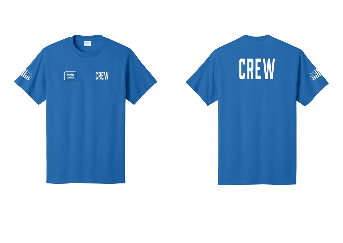 NYC Factory Custom Logo Crew T-Shirt, Condensed Lettering - CREW + Your Logo + Back + US Flag Sleeve - Royal