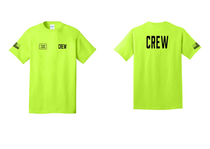 NYC Factory Custom Logo Crew T-Shirt, Condensed Lettering - CREW + Your Logo + Back + US Flag Sleeve - Safety Green