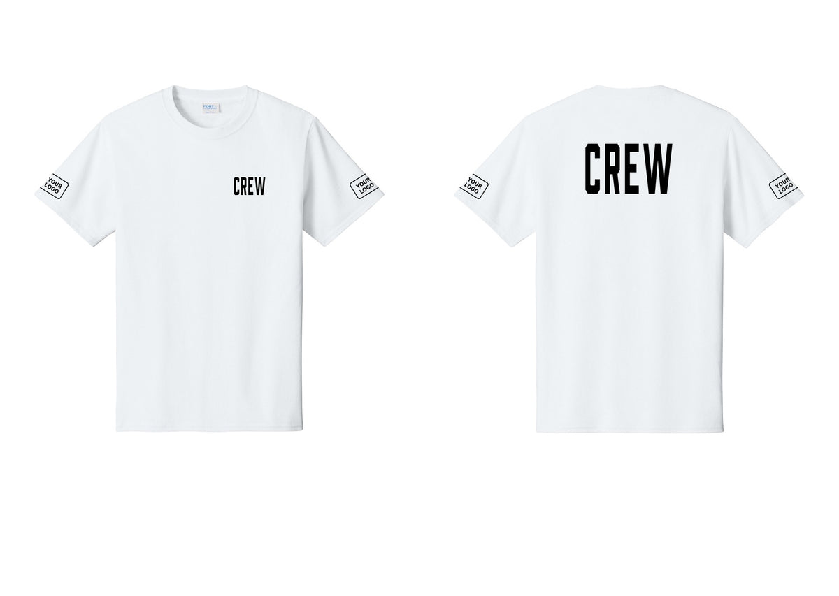 NYC Factory Custom Logo Crew T-Shirt, Condensed Lettering - Chest + Back + Your Logo Sleeves - White