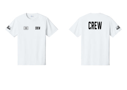 NYC Factory Custom Logo Crew T-Shirt, Condensed Lettering - CREW + Your Logo + Back + US Flag Sleeve - White
