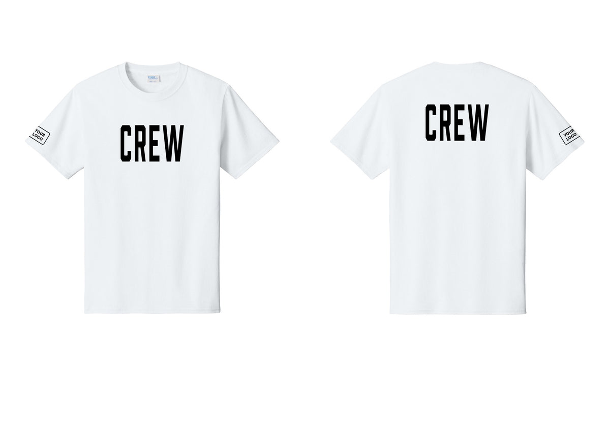 NYC Factory Custom Logo Crew T-Shirt, Condensed Lettering - Front + Back + Your Logo Sleeve - White