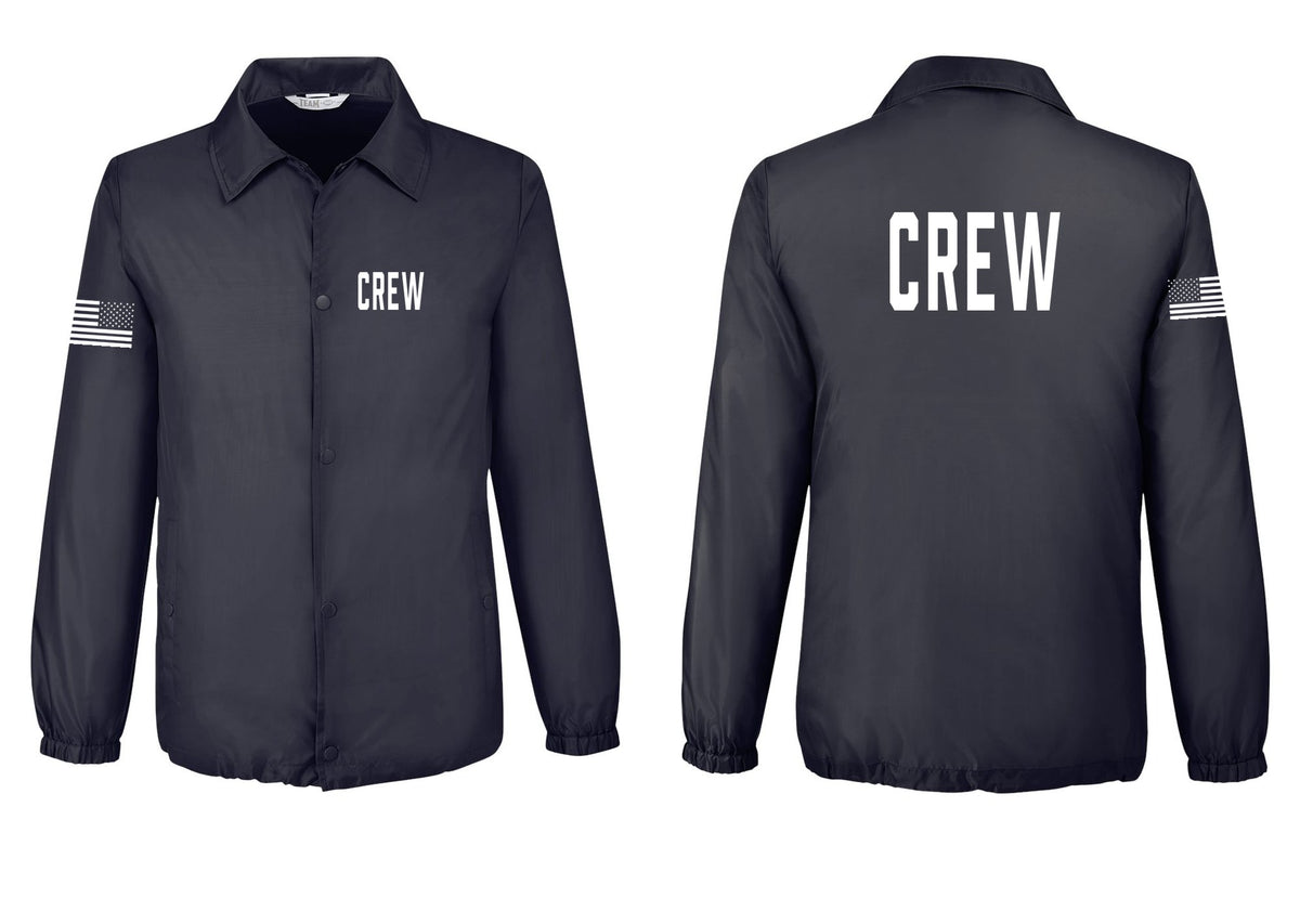 NYC Factory Crew Snap-Front Coaches Jacket for Event Staff & Production Teams (Classic) - Chest + Back + US Flag Sleeve - Black