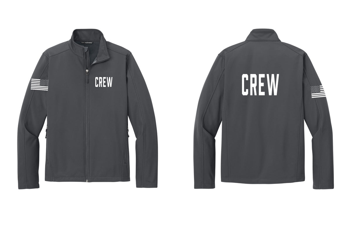 NYC Factory Crew Soft Shell Jacket for Event Staff & Production Teams (Classic) - Chest + Back + US Flag Sleeve - Battleship Grey