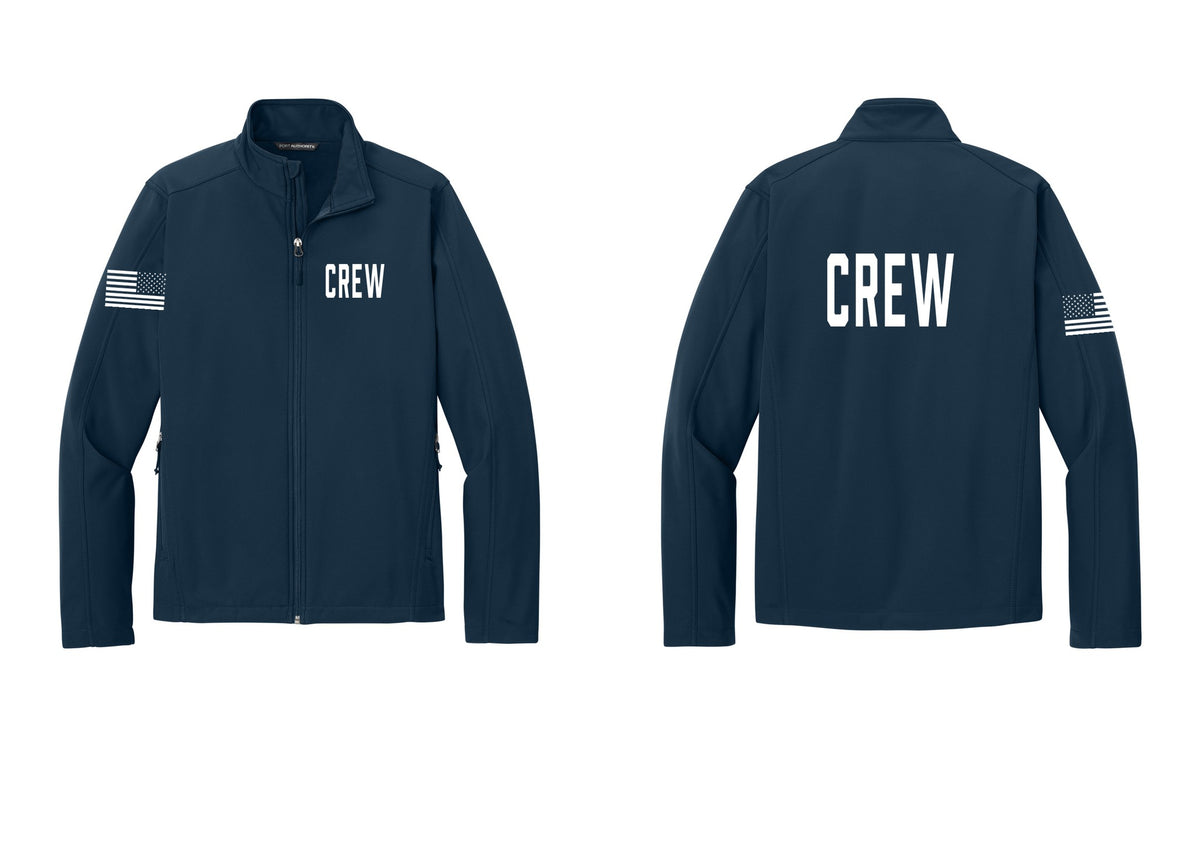 NYC Factory Crew Soft Shell Jacket for Event Staff & Production Teams (Classic) - Chest + Back + US Flag Sleeve - Dress Blue Navy