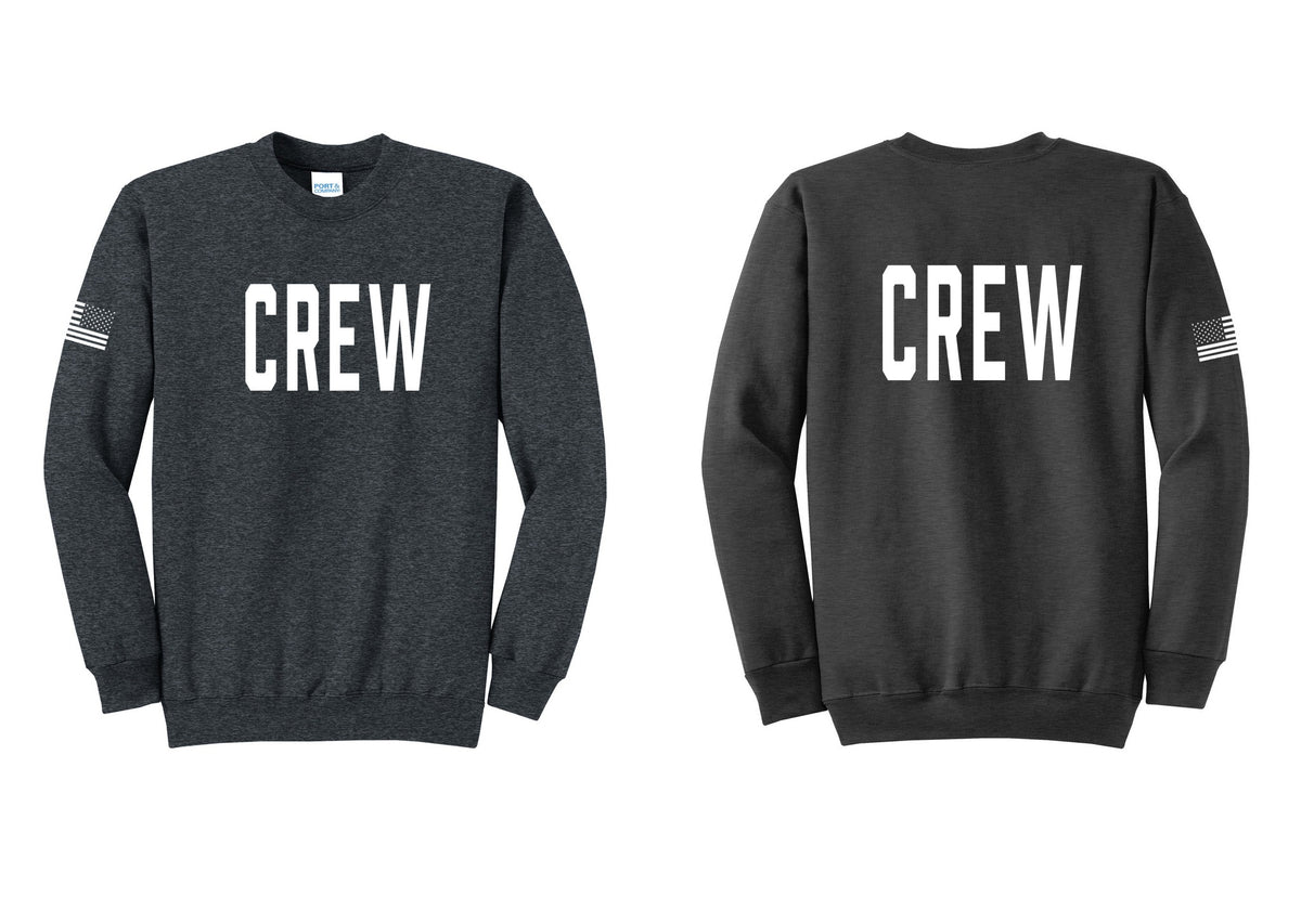 NYC Factory Crew Cotton Fleece Crewneck Sweatshirt for Event Staff & Production Teams (Classic) - Front + Back + US Flag Sleeve - Dark Heather Grey