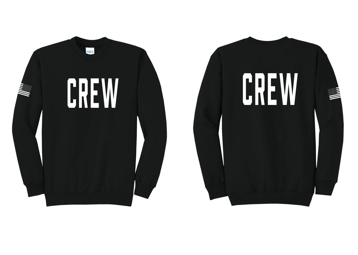 NYC Factory Crew Cotton Fleece Crewneck Sweatshirt for Event Staff & Production Teams (Classic) - Front + Back + US Flag Sleeve - Black