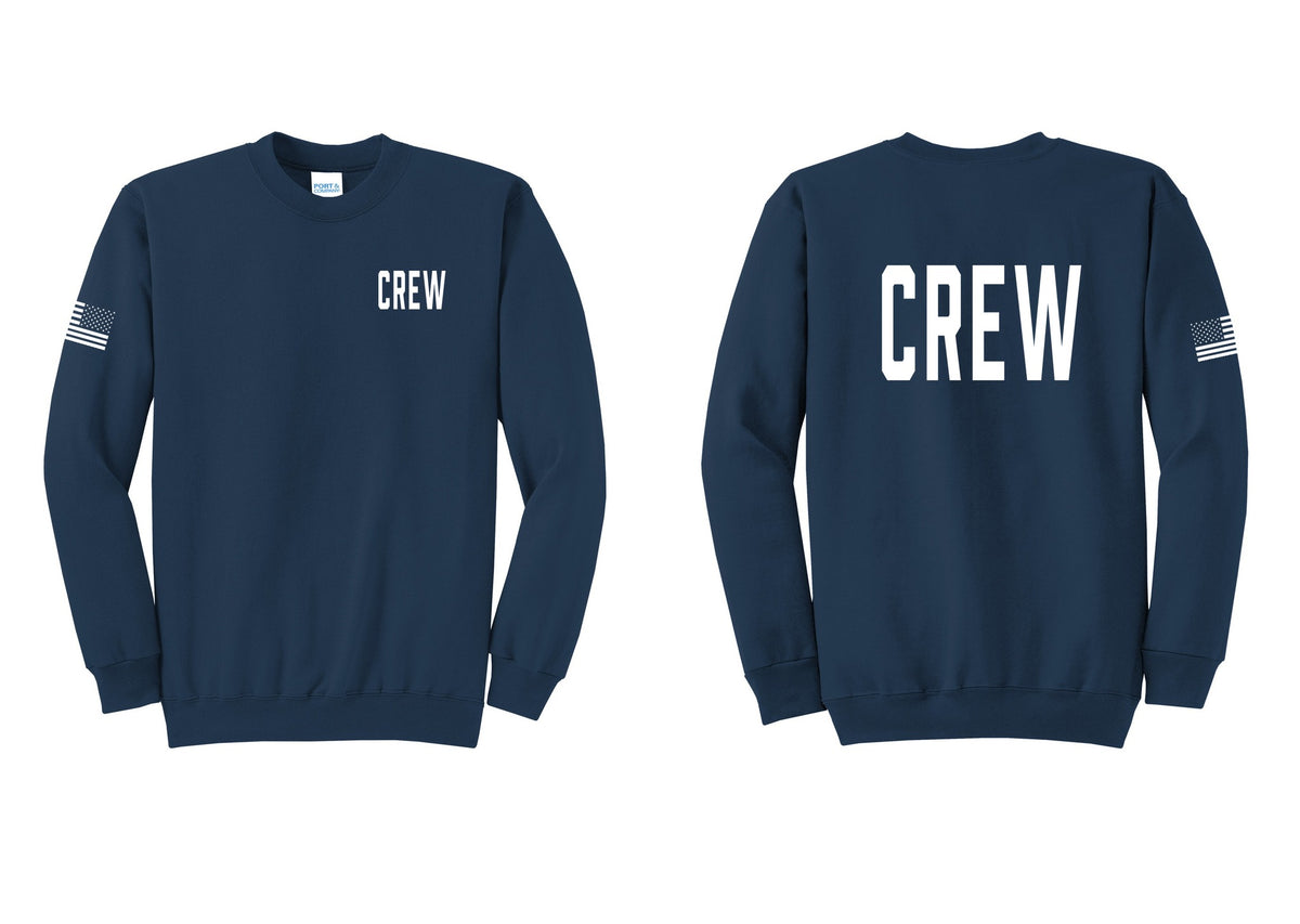 NYC Factory Crew Cotton Fleece Crewneck Sweatshirt for Event Staff & Production Teams (Classic) - Chest + Back + US Flag Sleeve - Navy