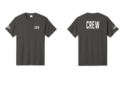 NYC Factory Crew T-Shirt, Condensed Lettering - Chest + Back + US Flag Sleeve - Dark Heather Grey