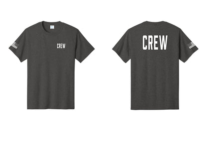 NYC Factory Crew T-Shirt for Event Staff & Production Teams (Classic) - Chest + Back + US Flag Sleeve - Dark Heather Grey