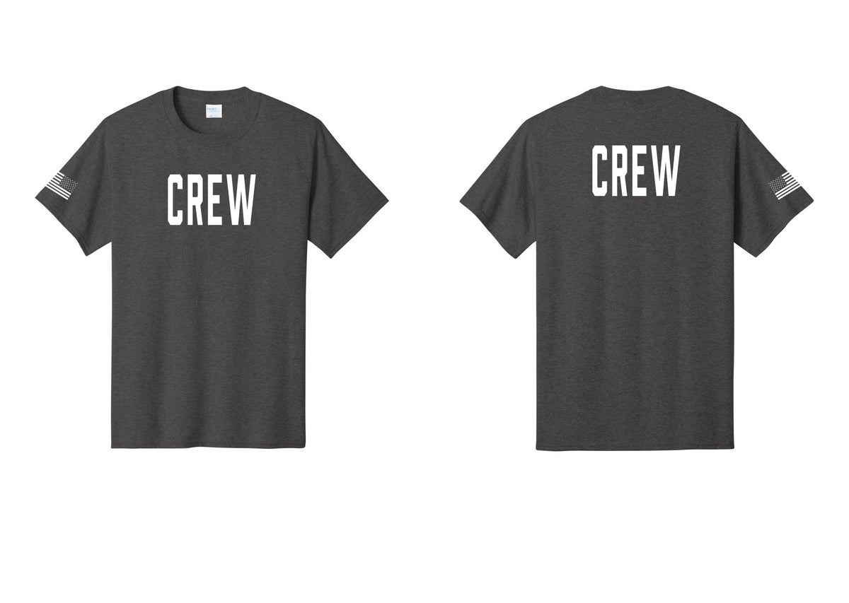 NYC Factory Crew T-Shirt, Condensed Lettering - Front + Back + US Flag Sleeve - Dark Heather Grey