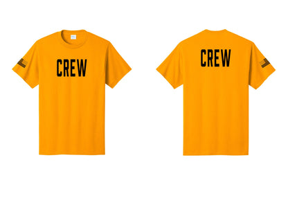 NYC Factory Crew T-Shirt, Condensed Lettering - Front + Back + US Flag Sleeve - Gold