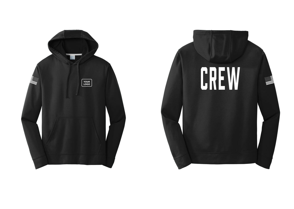 NYC Factory Custom Work Crew Uniform Performance Hooded Fleece Pullover Sweatshirt with Your Logo (Classic) - Your Logo + Back + US Flag Sleeve - Black