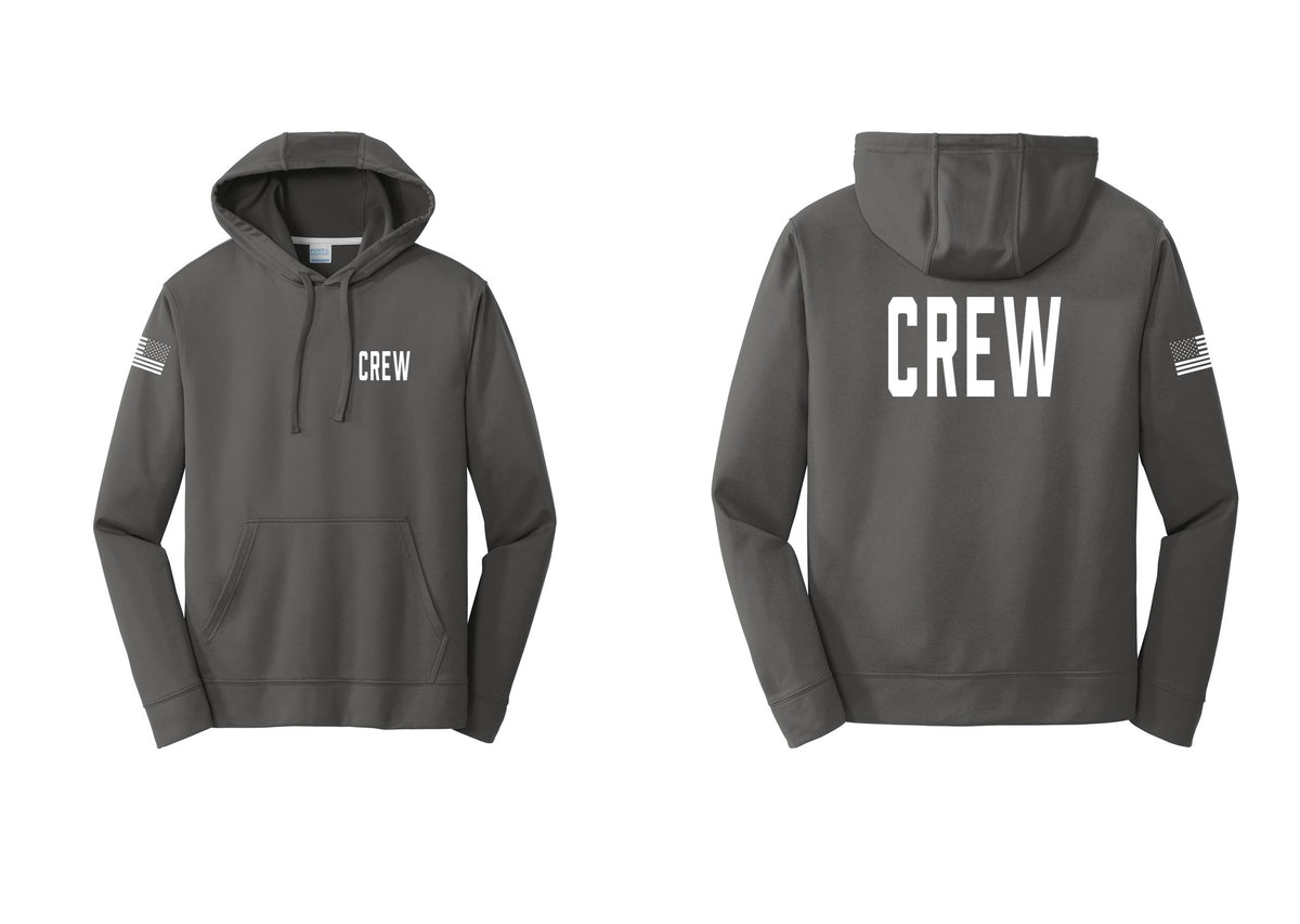 NYC Factory Crew Performance Hooded Fleece Pullover Sweatshirt for Event Staff & Production Teams (Classic) - Chest + Back + US Flag Sleeve - Charcoal