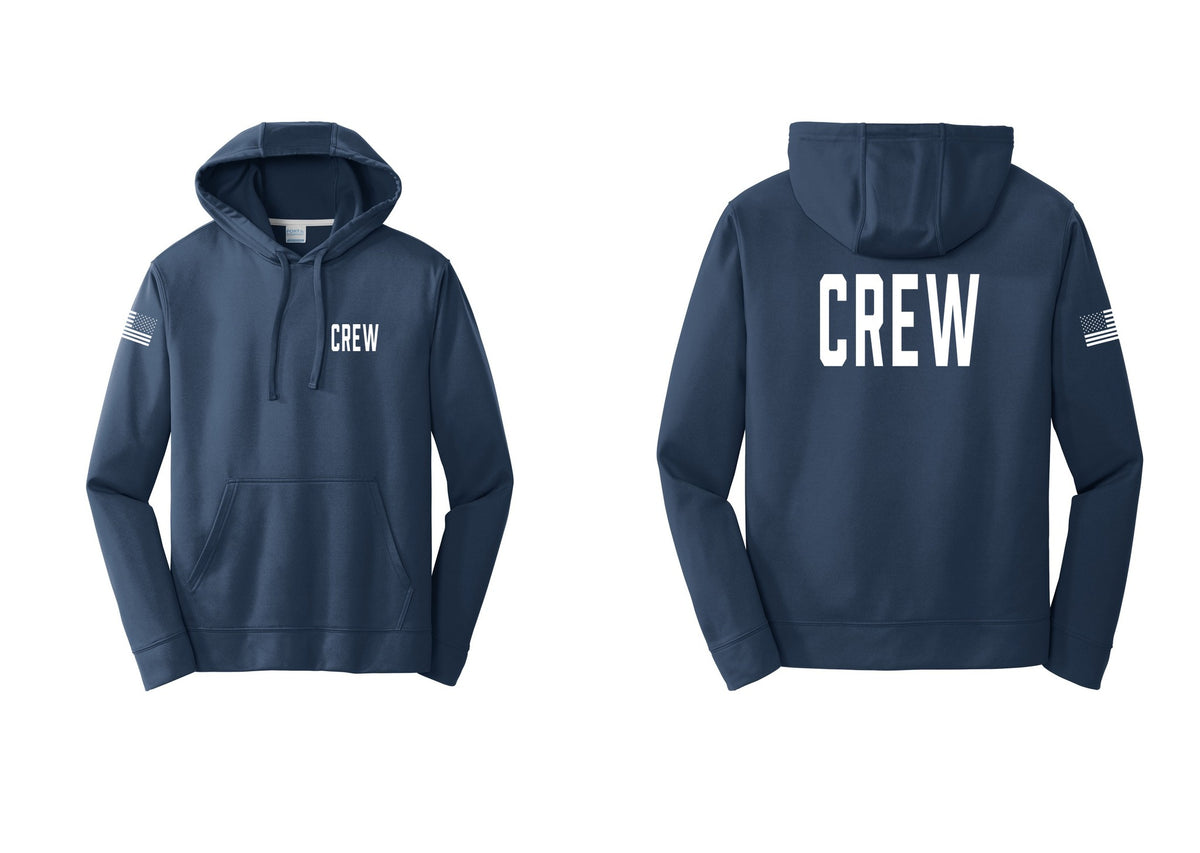 NYC Factory Crew Performance Hooded Fleece Pullover Sweatshirt for Event Staff & Production Teams (Classic) - Chest + Back + US Flag Sleeve - Navy