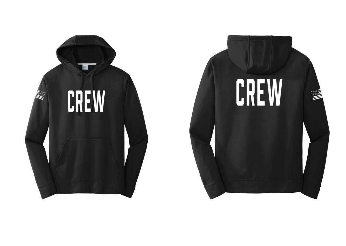 NYC Factory Crew Performance Hooded Fleece Pullover Sweatshirt for Event Staff & Production Teams (Classic) - Front + Back + US Flag Sleeve - Black