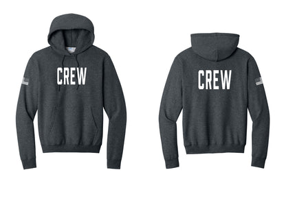 NYC Factory Crew Cotton Fleece Pullover Hoodie for Event Staff & Production Teams (Classic) - Front + Back + US Flag Sleeve - Dark Heather Grey