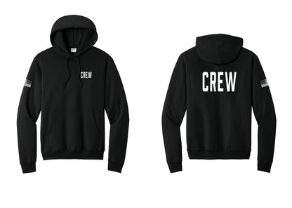 NYC Factory Crew Cotton Fleece Pullover Hoodie for Event Staff & Production Teams (Classic) - Chest + Back + US Flag Sleeve - Black