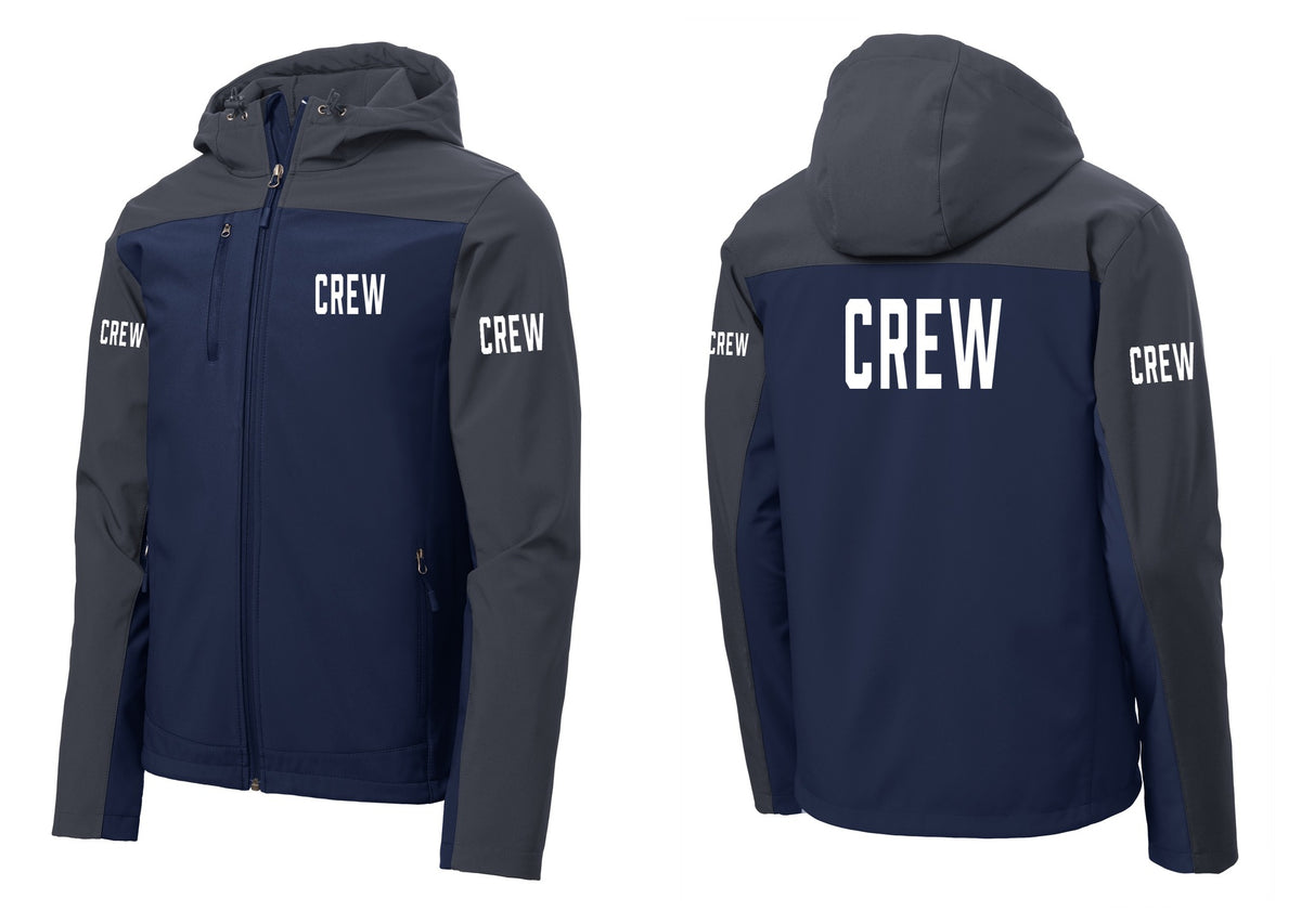 NYC Factory Crew Hooded Soft Shell Jacket for Event Staff & Production Teams (Classic) - Chest + Back + Crew Sleeves - Dress Blue Navy / Battleship Grey