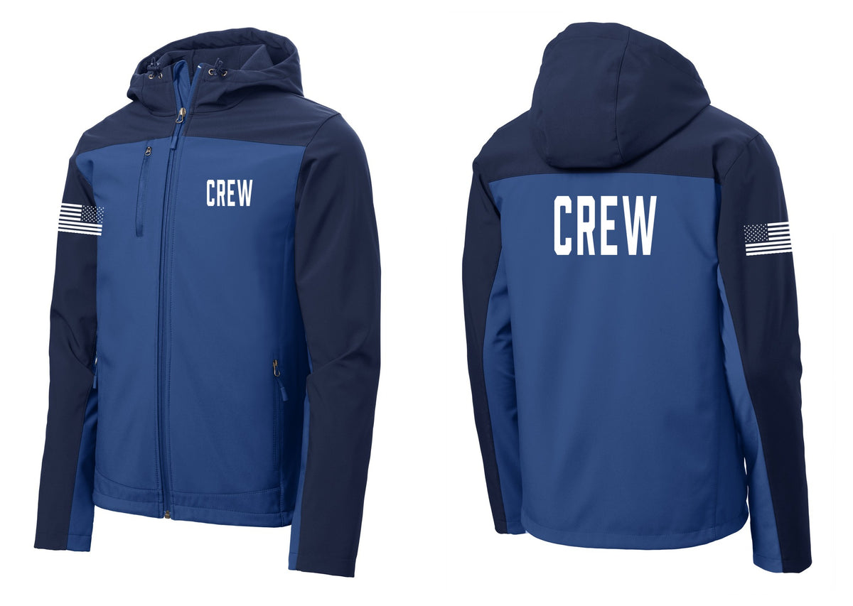 NYC Factory Crew Hooded Soft Shell Jacket for Event Staff & Production Teams (Classic) - Chest + Back + US Flag Sleeve - Night Sky Blue / Dress Blue Navy