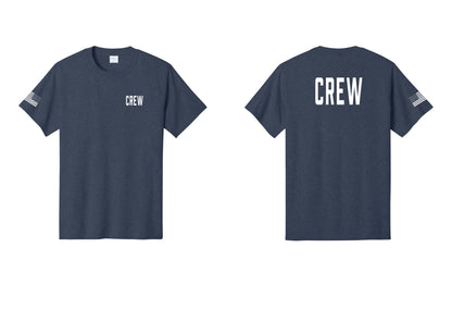 NYC Factory Crew T-Shirt, Condensed Lettering - Chest + Back + US Flag Sleeve - Heather Navy