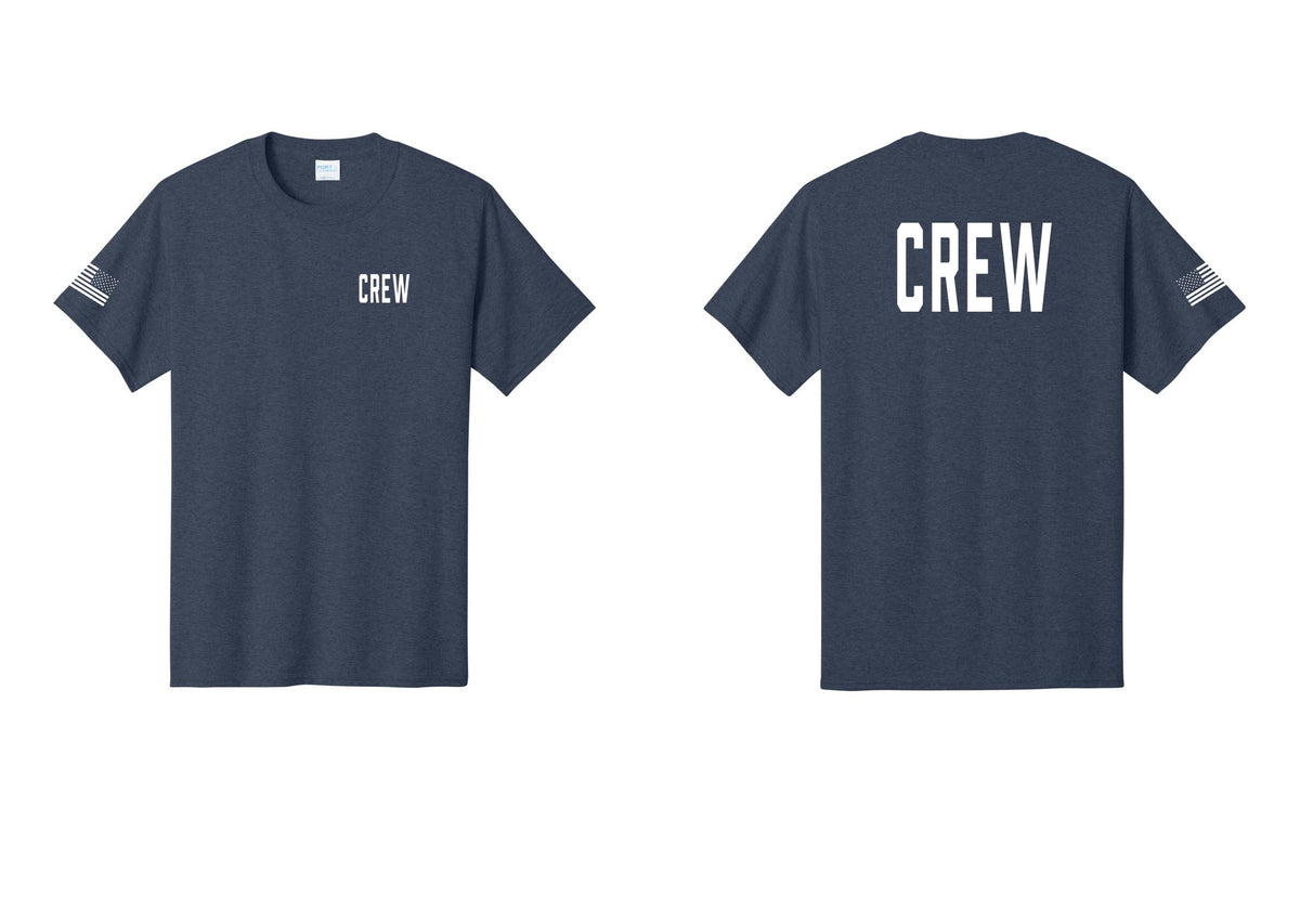 NYC Factory Crew T-Shirt for Event Staff & Production Teams (Classic) - Chest + Back + US Flag Sleeve - Heather Navy