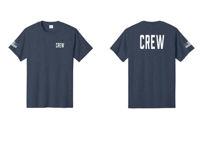 NYC Factory Crew T-Shirt for Event Staff & Production Teams (Classic) - Chest + Back + US Flag Sleeve - Heather Navy