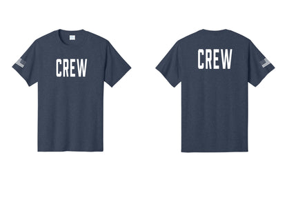 NYC Factory Crew T-Shirt for Event Staff & Production Teams (Classic) - Front + Back + US Flag Sleeve - Heather Navy