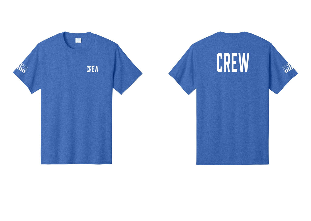 NYC Factory Crew T-Shirt, Condensed Lettering - Chest + Back + US Flag Sleeve - Heather Royal