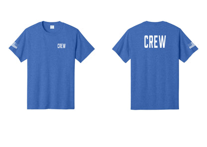 NYC Factory Crew T-Shirt, Condensed Lettering - Chest + Back + US Flag Sleeve - Heather Royal