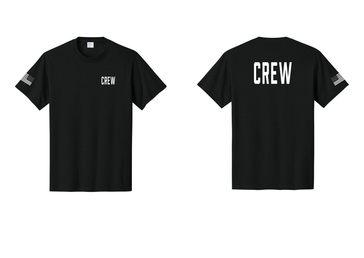 NYC Factory Crew T-Shirt, Condensed Lettering - Chest + Back + US Flag Sleeve - Black
