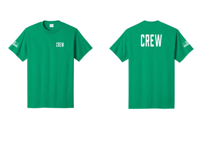 NYC Factory Crew T-Shirt, Condensed Lettering - Chest + Back + US Flag Sleeve - Kelly