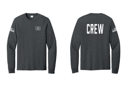NYC Factory Custom Work Crew Uniform Cotton Long Sleeve Tee with Your Logo (Classic) - Your Logo + Back + US Flag Sleeve - Dark Heather Grey