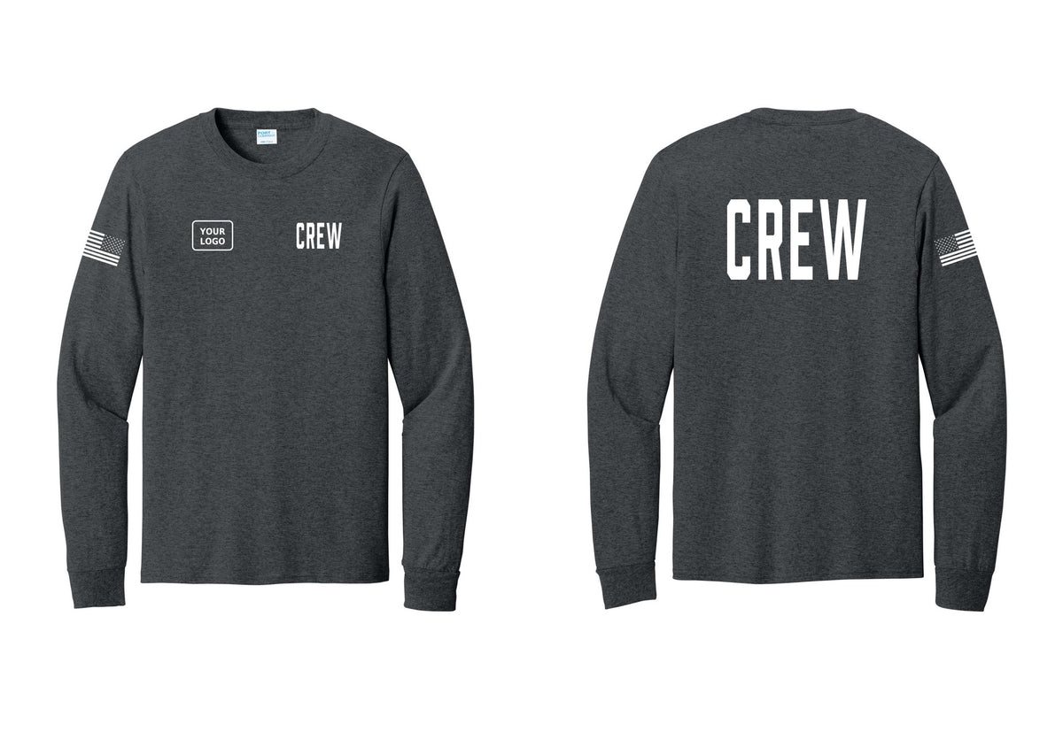 NYC Factory Custom Work Crew Uniform Cotton Long Sleeve Tee with Your Logo (Classic) - CREW + Your Logo + Back + US Flag Sleeve - Dark Heather Grey