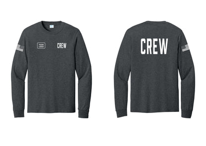 NYC Factory Custom Work Crew Uniform Cotton Long Sleeve Tee with Your Logo (Classic) - CREW + Your Logo + Back + US Flag Sleeve - Dark Heather Grey