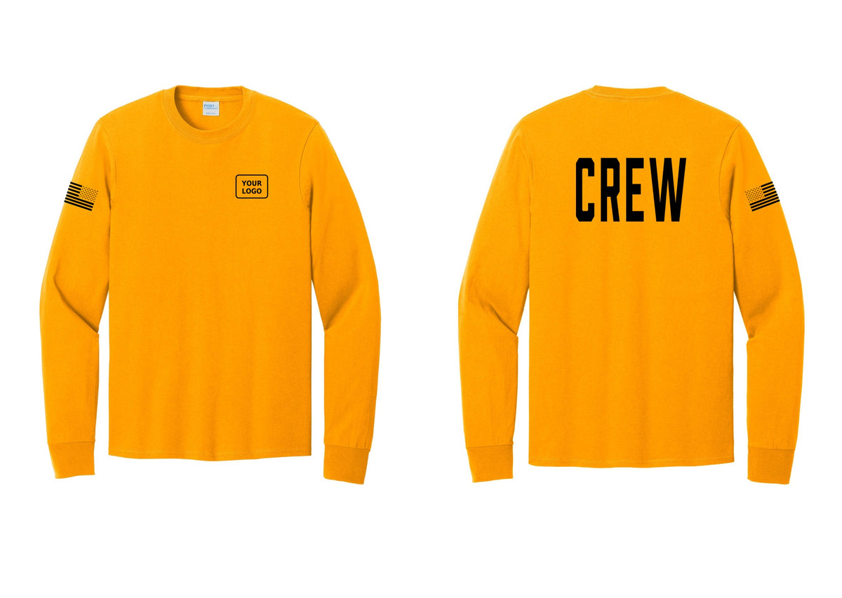 NYC Factory Custom Work Crew Uniform Cotton Long Sleeve Tee with Your Logo (Classic) - Your Logo + Back + US Flag Sleeve - Gold