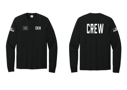 NYC Factory Custom Work Crew Uniform Cotton Long Sleeve Tee with Your Logo (Classic) - CREW + Your Logo + Back + US Flag Sleeve - Black