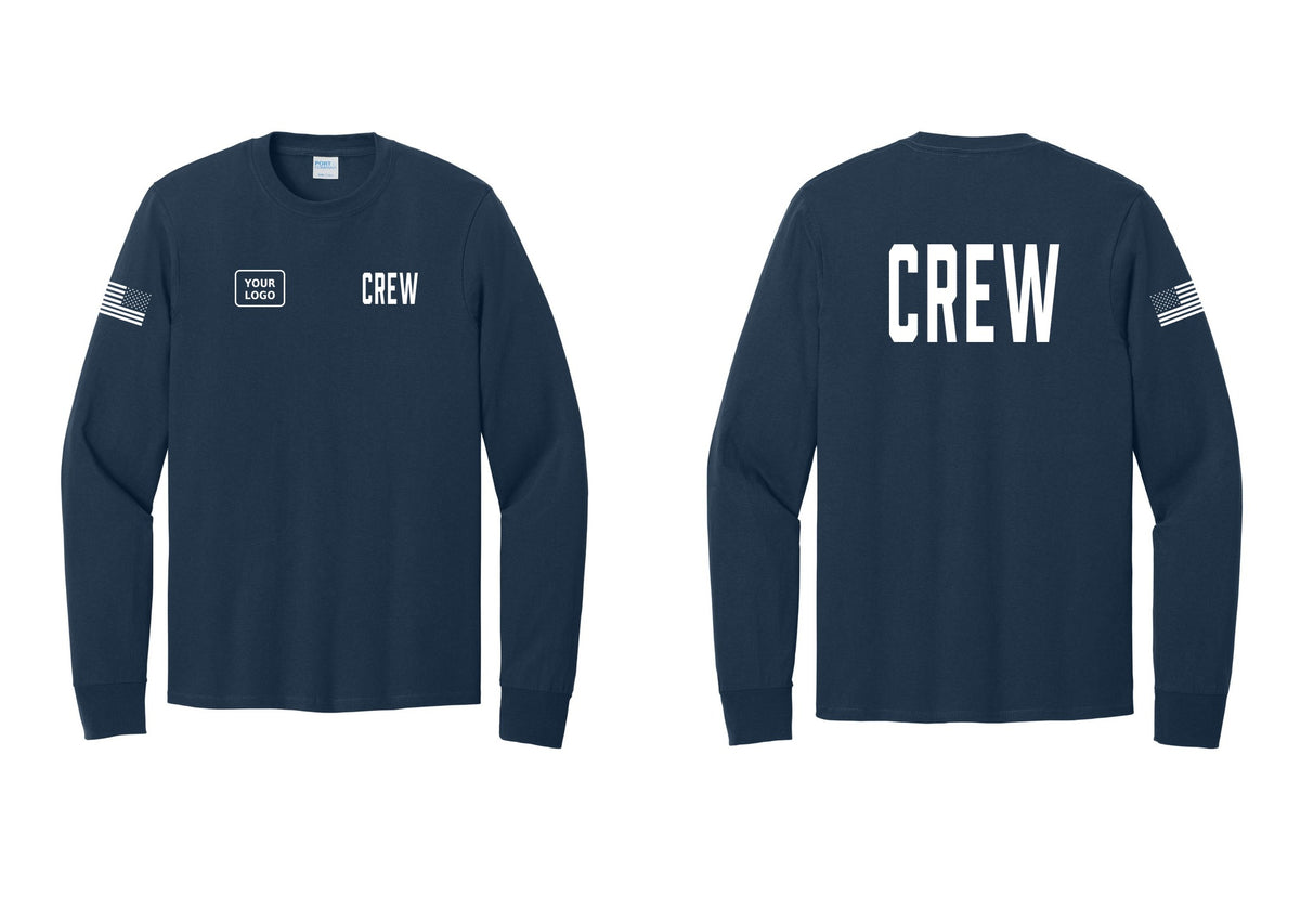 NYC Factory Custom Work Crew Uniform Cotton Long Sleeve Tee with Your Logo (Classic) - CREW + Your Logo + Back + US Flag Sleeve - Navy