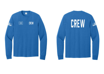 NYC Factory Custom Work Crew Uniform Cotton Long Sleeve Tee with Your Logo (Classic) - CREW + Your Logo + Back + US Flag Sleeve - Royal