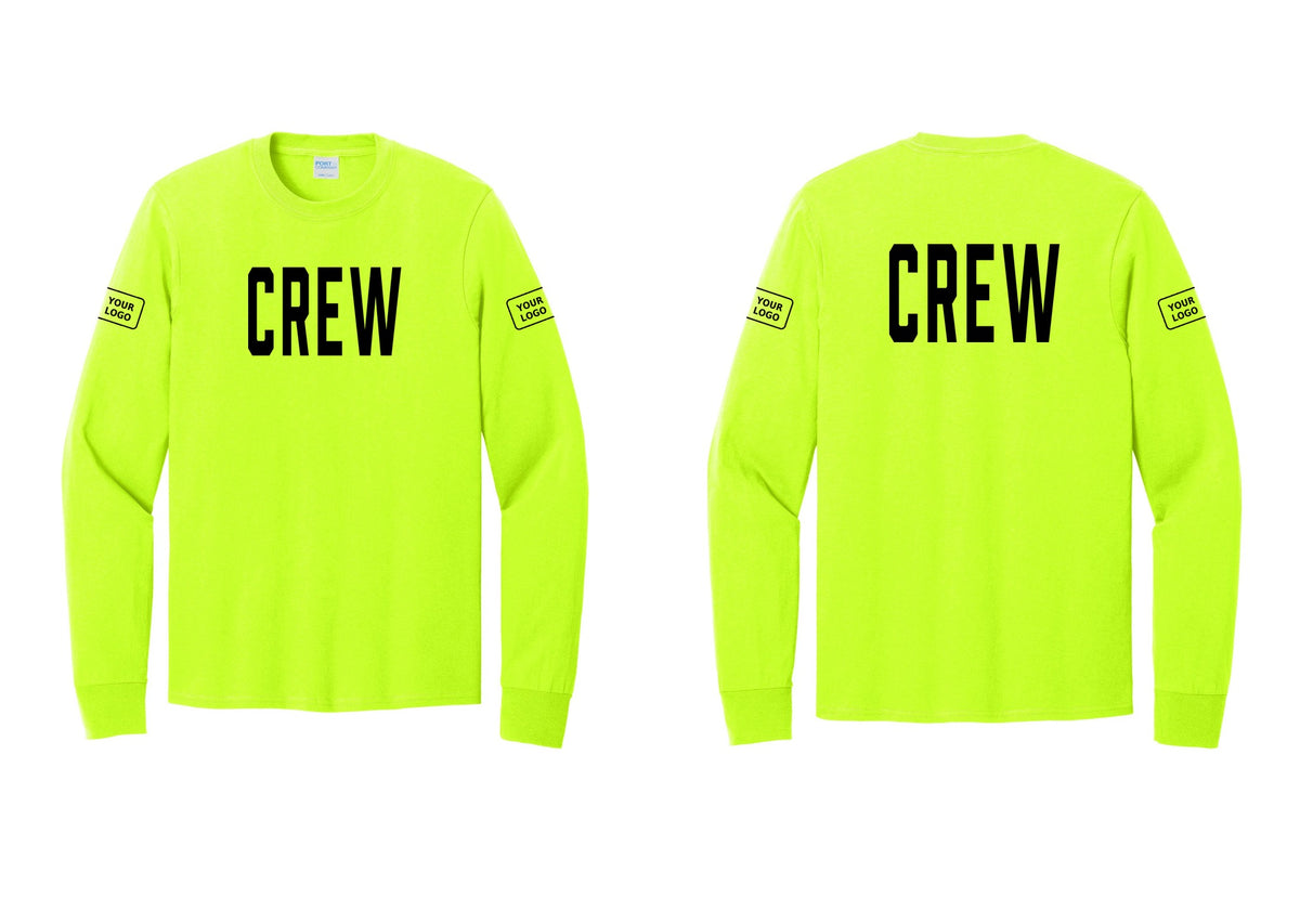 NYC Factory Custom Work Crew Uniform Cotton Long Sleeve Tee with Your Logo (Classic) - Front + Back + Your Logo Sleeves - Safety Green