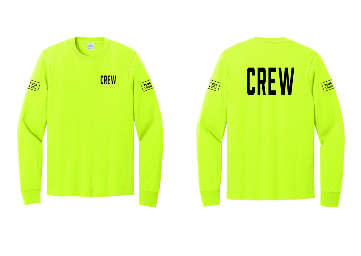 NYC Factory Custom Work Crew Uniform Cotton Long Sleeve Tee with Your Logo (Classic) - Chest + Back + Your Logo Sleeves - Safety Green