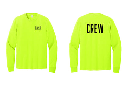 NYC Factory Custom Work Crew Uniform Cotton Long Sleeve Tee with Your Logo (Classic) - Your Logo + Back - Safety Green