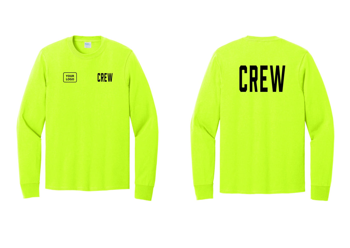 NYC Factory Custom Work Crew Uniform Cotton Long Sleeve Tee with Your Logo (Classic) - CREW + Your Logo + Back - Safety Green