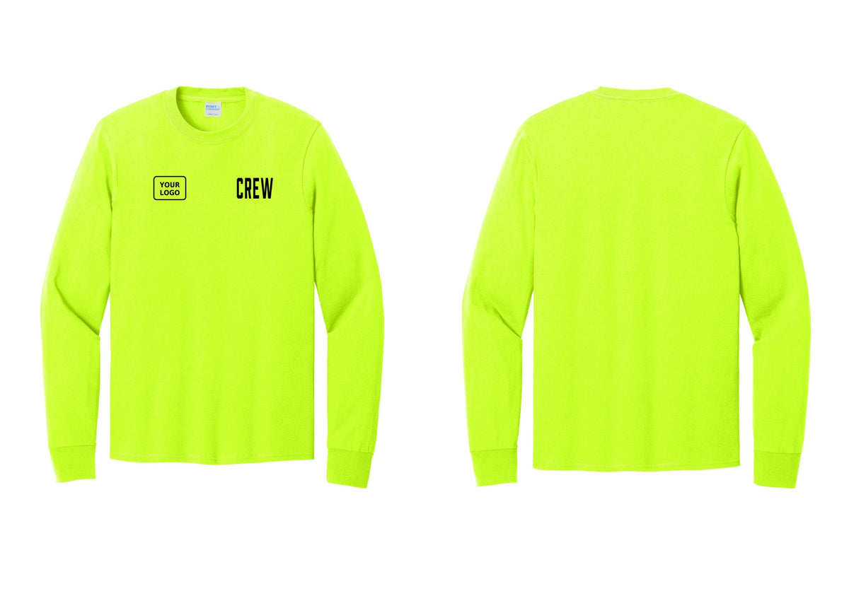 NYC Factory Custom Work Crew Uniform Cotton Long Sleeve Tee with Your Logo (Classic) - CREW + Your Logo - Safety Green