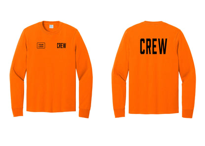 NYC Factory Custom Work Crew Uniform Cotton Long Sleeve Tee with Your Logo (Classic) - CREW + Your Logo + Back - Safety Orange