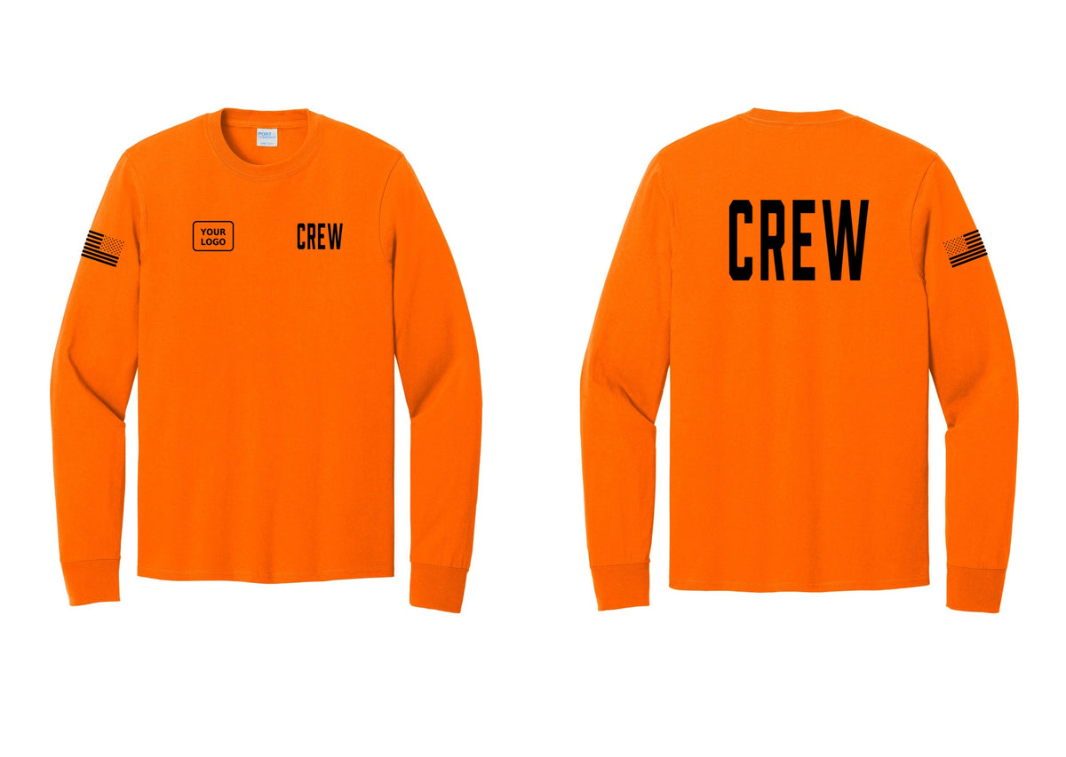 NYC Factory Custom Work Crew Uniform Cotton Long Sleeve Tee with Your Logo (Classic) - CREW + Your Logo + Back + US Flag Sleeve - Safety Orange