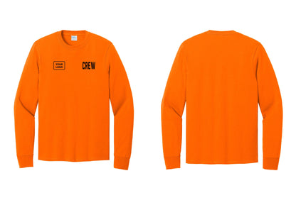 NYC Factory Custom Work Crew Uniform Cotton Long Sleeve Tee with Your Logo (Classic) - CREW + Your Logo - Safety Orange