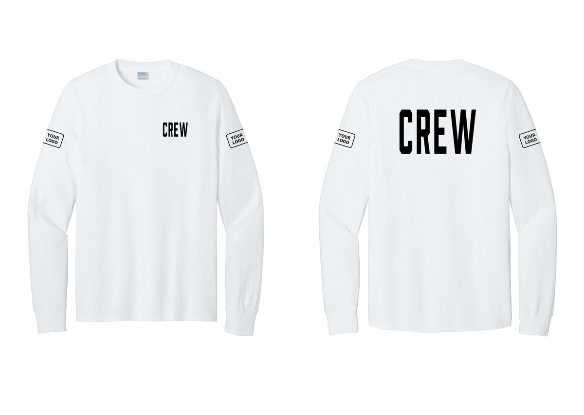 NYC Factory Custom Work Crew Uniform Cotton Long Sleeve Tee with Your Logo (Classic) - Chest + Back + Your Logo Sleeves - White